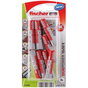Fischer Cheville universelle DuoPower 10x50 K, 8 pièces, rouge/gris, en emballage.