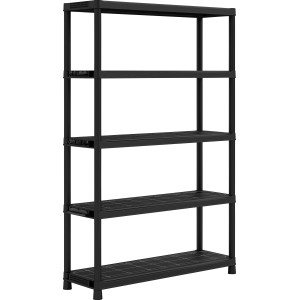 Étagère en plastique noire OBI XL-120 avec 5 tablettes, 187x120x40 cm, idéale pour cave, garage ou atelier.