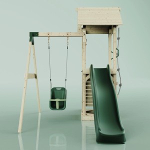 Torre gioco PolarPlay Göteborg con altalena per bambini e scivolo, legno naturale, altalena verde.