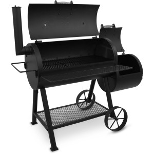 Barbecue au charbon de bois noir Char-Broil Oklahoma Joe® Smoker avec étagère et roues.