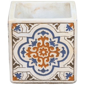 Vaso per piante Gartec Cube Porto Mix, 16x16x16 cm, con decoro blu e arancio.