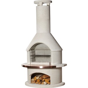 Barbecue de jardin Buschbeck Rondo blanc avec rangement bois et bordure cuivre.