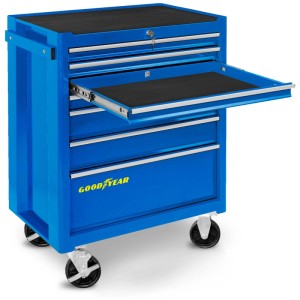 Chariot d'atelier Goodyear bleu en métal avec 7 tiroirs, dont un ouvert.