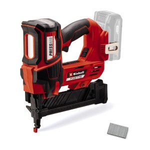 Einhell Fixetto 18/38 S Professional, graffettatrice a batteria, rosso/nero, con graffette e clip da cintura.