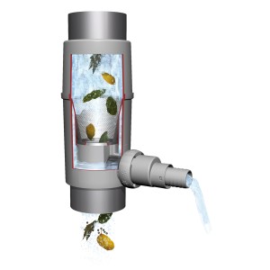Filtro pluviale Garantia Regendieb Pro Grigio con flusso d'acqua e particelle di sporco.