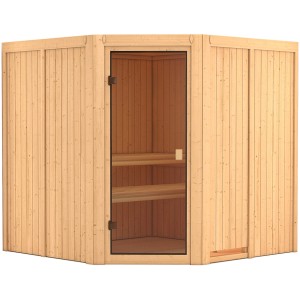 Sauna Karibu Kotka con ingresso ad angolo e porta in vetro bronzato. Sauna in legno massello con panche.
