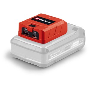 Adattatore batteria Einhell TC-CP 18 Li USB, rosso-nero, con porta USB-A e USB-C su una batteria.