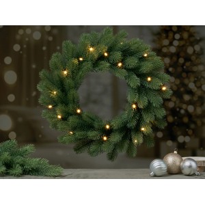 Ghirlanda artificiale verde in PE, 45 cm, con luci calde per decorazione festiva di porte o pareti.