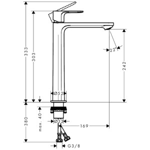 Disegno tecnico: Miscelatore lavabo Hansgrohe Rebris E 240 cromato, con dimensioni e collegamenti.