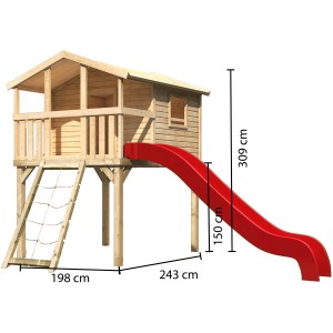 Karibu Cabane sur pilotis Benjamin avec toboggan rouge, rampe filet et échelle, bois naturel.
