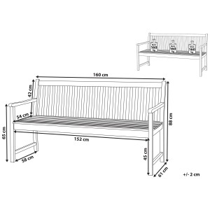 Schizzo della panca da giardino Beliani Vivara in legno di acacia, larghezza 160 cm, con dimensioni.