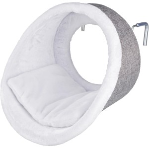 Amaca per termosifone per gatti Trixie, rotonda, bianco/grigio, con rivestimento in peluche e cuscino, per il montaggio sul termosifone.