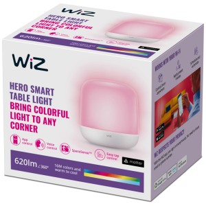 Confezione della lampada da tavolo WiZ LED Hero dimmerabile, che fornisce luce colorata.