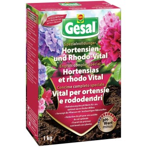 Gesal Fertilizzante speciale per ortensie e Rhodo-Vital confezione da 1 kg con illustrazione di ortensia e rododendro.
