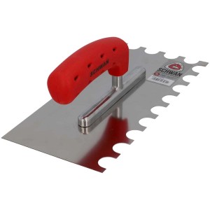 Cazzuola dentata con dentatura a mezzaluna, 280x130mm, manico soft-grip rosso. Ideale per piastrellare.