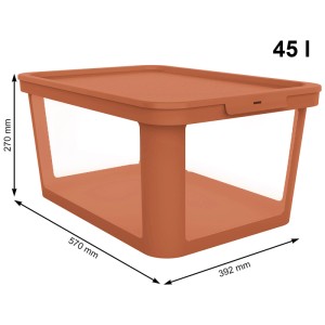 Rotho Albris Aufbewahrungsbox 45L in Coral Clay, Kunststoffbox mit Deckel und transparenten Seiten.