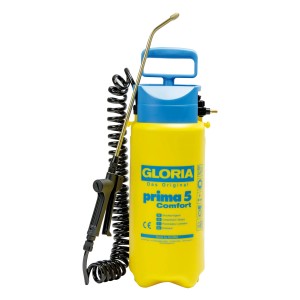 Pulvérisateur à pression Gloria Prima 5 Comfort, réservoir jaune avec couvercle bleu et tuyau spiralé.