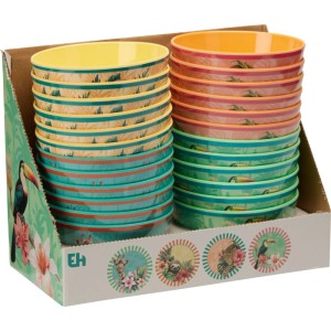 Bols en mélamine assortis, Ø 14cm, avec motifs colorés dans une boîte.