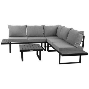 Set lounge Pisa Greemotion grigio-nero, 4 pezzi con tavolo e divano angolare per giardino o terrazzo.