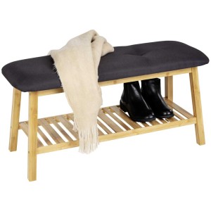 Wenko Schuhbank Ecori aus Bambus mit grauem Sitzpolster und Schuhablage.