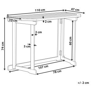 Schizzo: Tavolo da giardino Beliani Treia, acacia, marrone chiaro, pieghevole, dimensioni 74x47x110 cm.