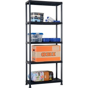 Étagère en plastique noire OBI S-75 avec 5 tablettes, 176x74x32 cm. Idéal pour le rangement.