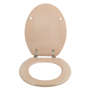 Abattant WC MSV Cleo, MDF, beige, avec charnières en acier inoxydable, ouvert.