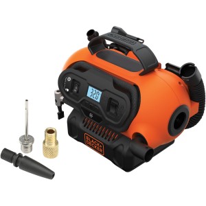 Gonfleur Black+Decker BDCINF18N avec accessoires. Compresseur avec écran digital et poignée.