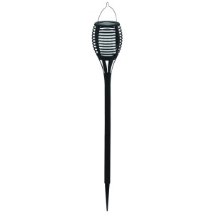 Schwarze Eglo LED Solar Fackelleuchte für den Garten mit warmweissem Flackerlicht.