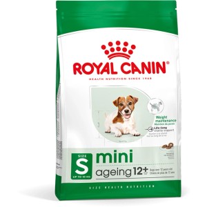 Royal Canin Mini Ageing 12+ cibo secco per cani. Confezione bianca/verde con cane anziano e crocchette.