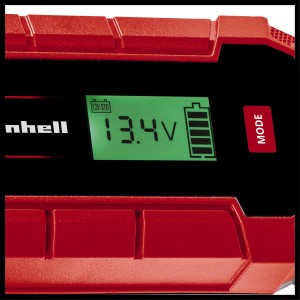 Caricabatterie Einhell CE-BC 4 M con display LCD che mostra tensione e livello di carica.