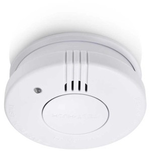 Détecteur de fumée blanc FSM-11516 avec pile, Ø 10 cm, pour montage au plafond intérieur.