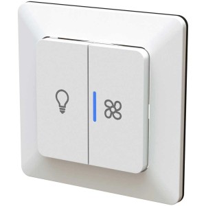 Doppio interruttore a bilanciere Priamos bianco con simboli luce e ventola, parzialmente illuminato.