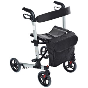 Ridder Rollator Premium 4 roues, argent/noir, avec siège et sac.