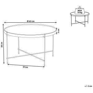 Schizzo: Tavolino da caffè Lucea Gold, Ø 63 cm, con dimensioni e carico massimo 10 kg.