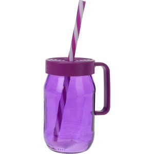Verre violet avec paille, 370 ml, avec poignée et couvercle pour boire confortablement.