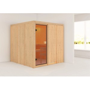Sauna Karibu Oulu con porta in vetro bronzato, ingresso frontale. Sauna in legno massello per momenti di relax.
