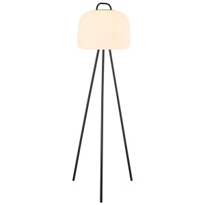 Lampada di design Nordlux Kettle-Tripod, nera, con struttura a 3 gambe e maniglia.