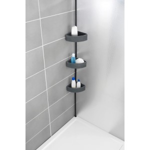 Étagère d'angle télescopique Wenko Villata, noir-gris, avec 3 paniers dans la douche.