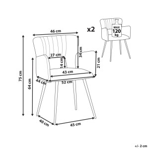 Schéma : Chaise de salle à manger Beliani Sanilac, bleu marine, lot de 2, dimensions et capacité de charge (max. 120 kg) indiquées.