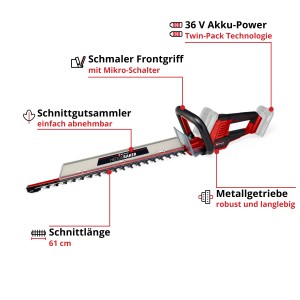 Taille-haie sans fil Einhell GE-CH 36/61 Li-Solo : Coupe-haie avec collecteur et longueur de coupe de 61 cm.