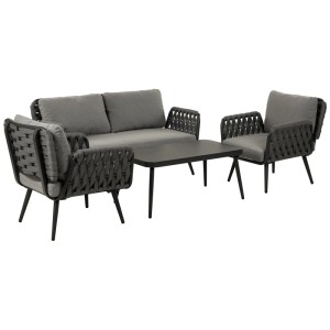 Greemotion Lounge-Set Madeira, 4-tlg. Gartenmöbel: Sofa, 2 Sessel, Tisch. Schwarz-Anthrazit Aluminium, Gummiseilgeflecht, graue Kissen.