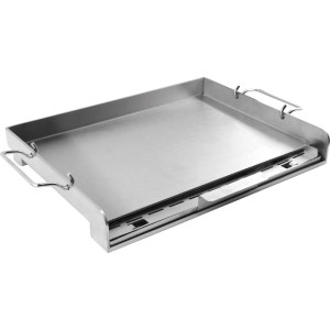 Plancha de grill Jamestown en acier inoxydable, aspect métal poli avec poignées.