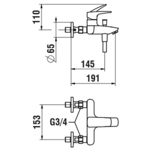 Schéma technique du mitigeur de baignoire Laufen Laurin en chrome avec dimensions.