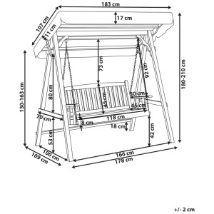 Dondolo Hollywood Fibbialla in abete: Disegno tecnico con tutte le dimensioni per giardino e terrazzo.