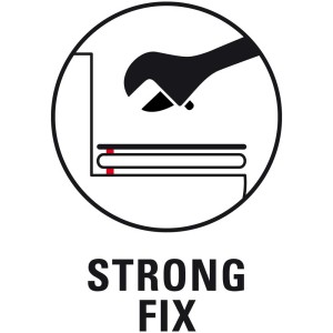Symbole pour l'installation du siège de toilette avec une clé et le texte "Strong Fix".