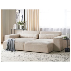 Canapé d'angle beige Beliani Hellnar en velours, forme en L avec ottoman et coussins.
