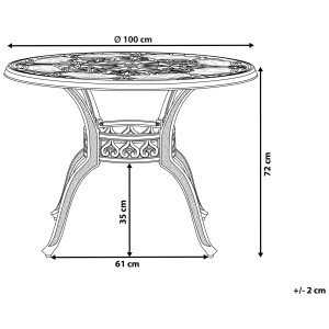 Croquis : Table de jardin Beliani Sapri en aluminium marron foncé, Ø 100 cm, avec dimensions.