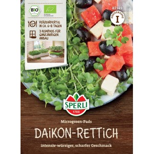 Sperli BIO Microgreen-Pads Ravanello Daikon con insalata e verdure su un piatto.
