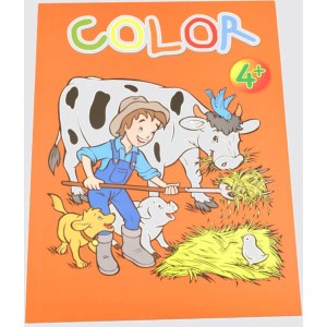 Livre de coloriage Color pour enfants dès 4 ans. Couverture orange avec scène de ferme: garçon, vache, chien, cochon, oiseaux. Développe la créativité.